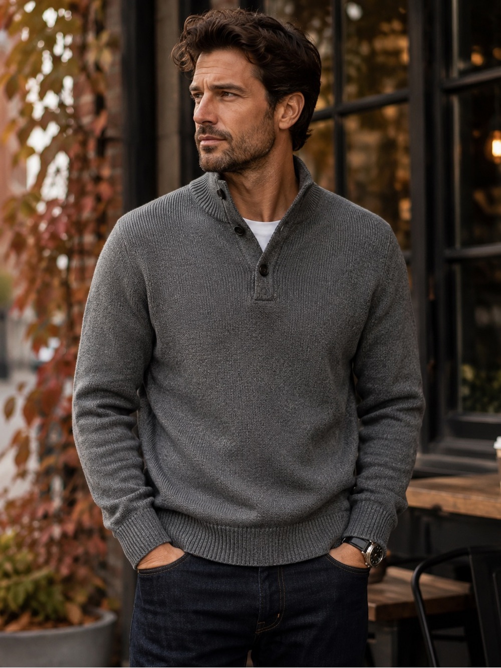 Oscar de la Renta Men’s Medium Gray Mock Neck Button Pullover Sweater
